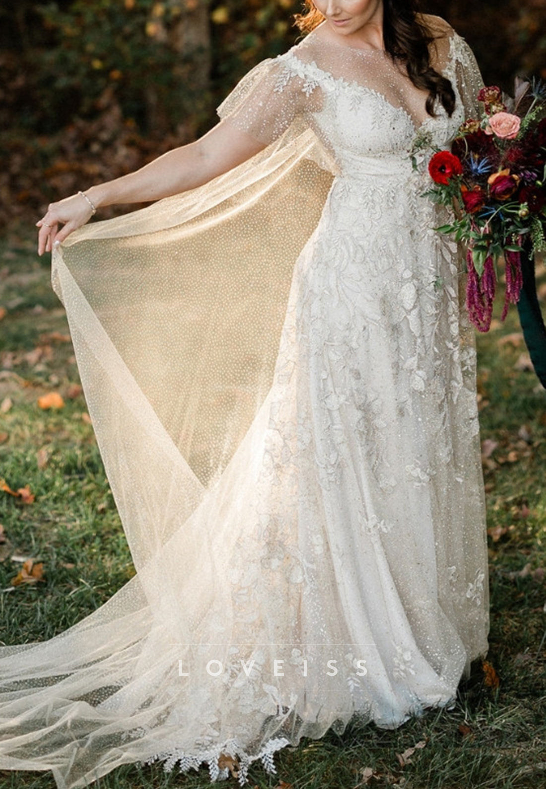 A-Line Lace & Glitter Tulle Bridal Gown with Cape