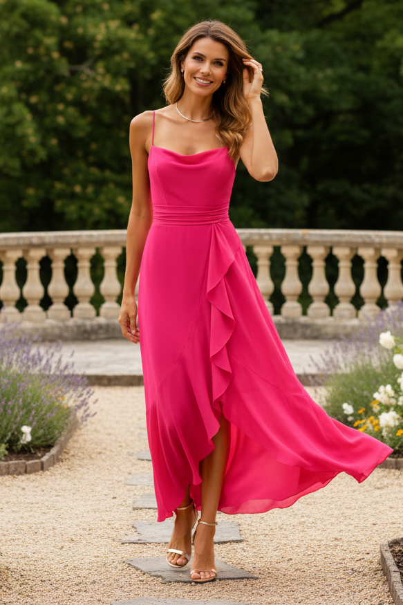 Cowl Neck High-Low Ruffle Cocktail Dress
