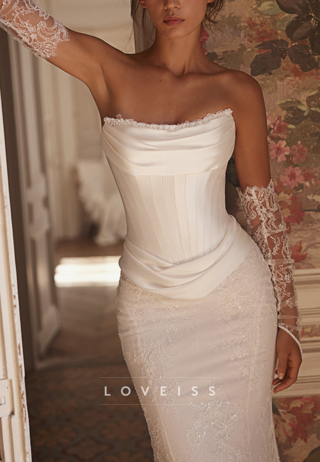 Strapless Lace Mermaid Wedding Dress with Satin Overskirt