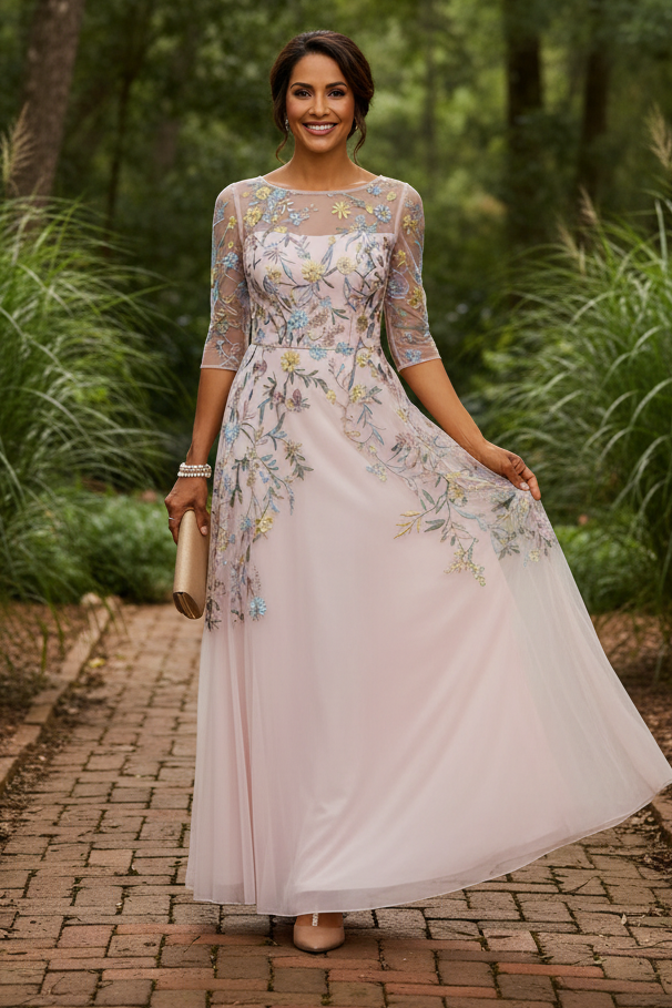 Floral Embroidered Illusion A-Line Maxi Dress
