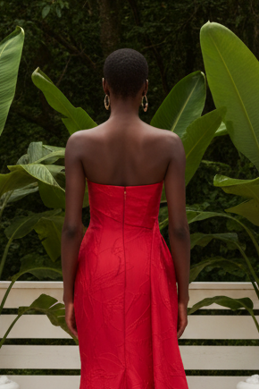 Strapless Jacquard Gown with Side Drape Train