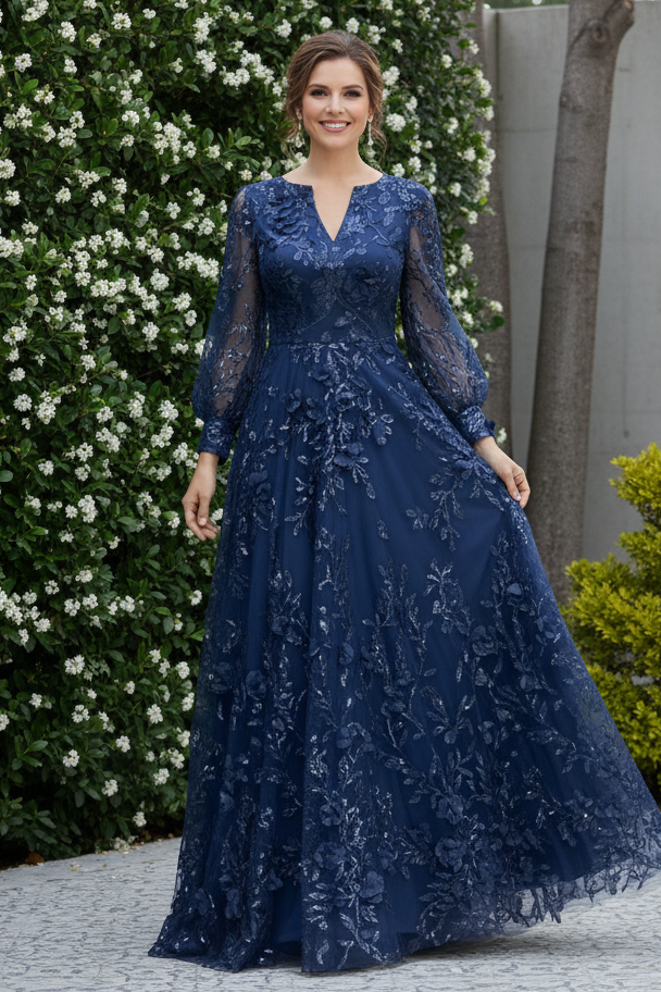 3D Floral Applique Long Sleeve A-Line Evening Gown