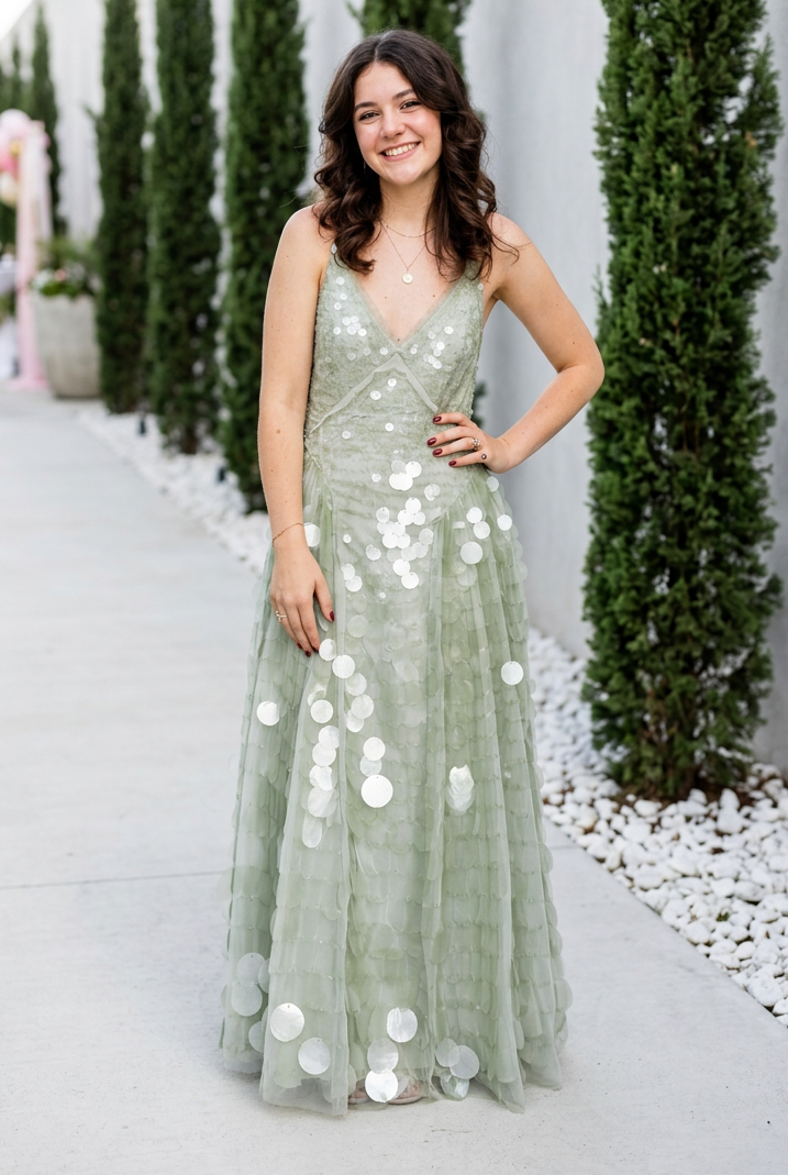 Disc Sequin V-Neck Maxi Gown with Dropped Waist