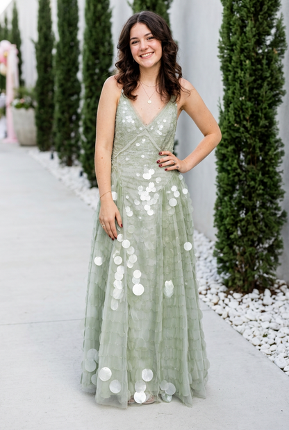 Disc Sequin V-Neck Maxi Gown with Dropped Waist