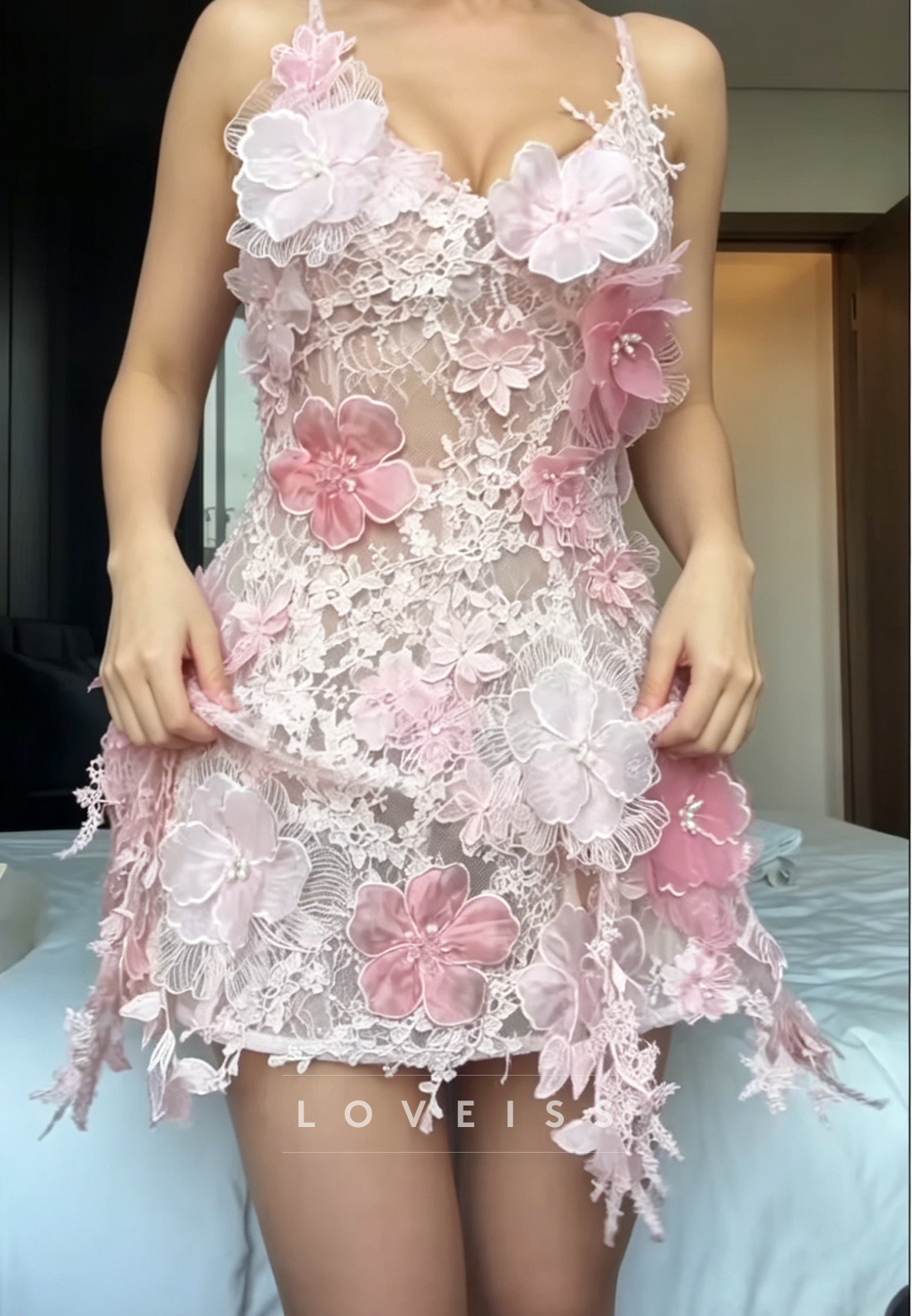Romantic 3D Flower Lace Mini Dress with Pearl Details