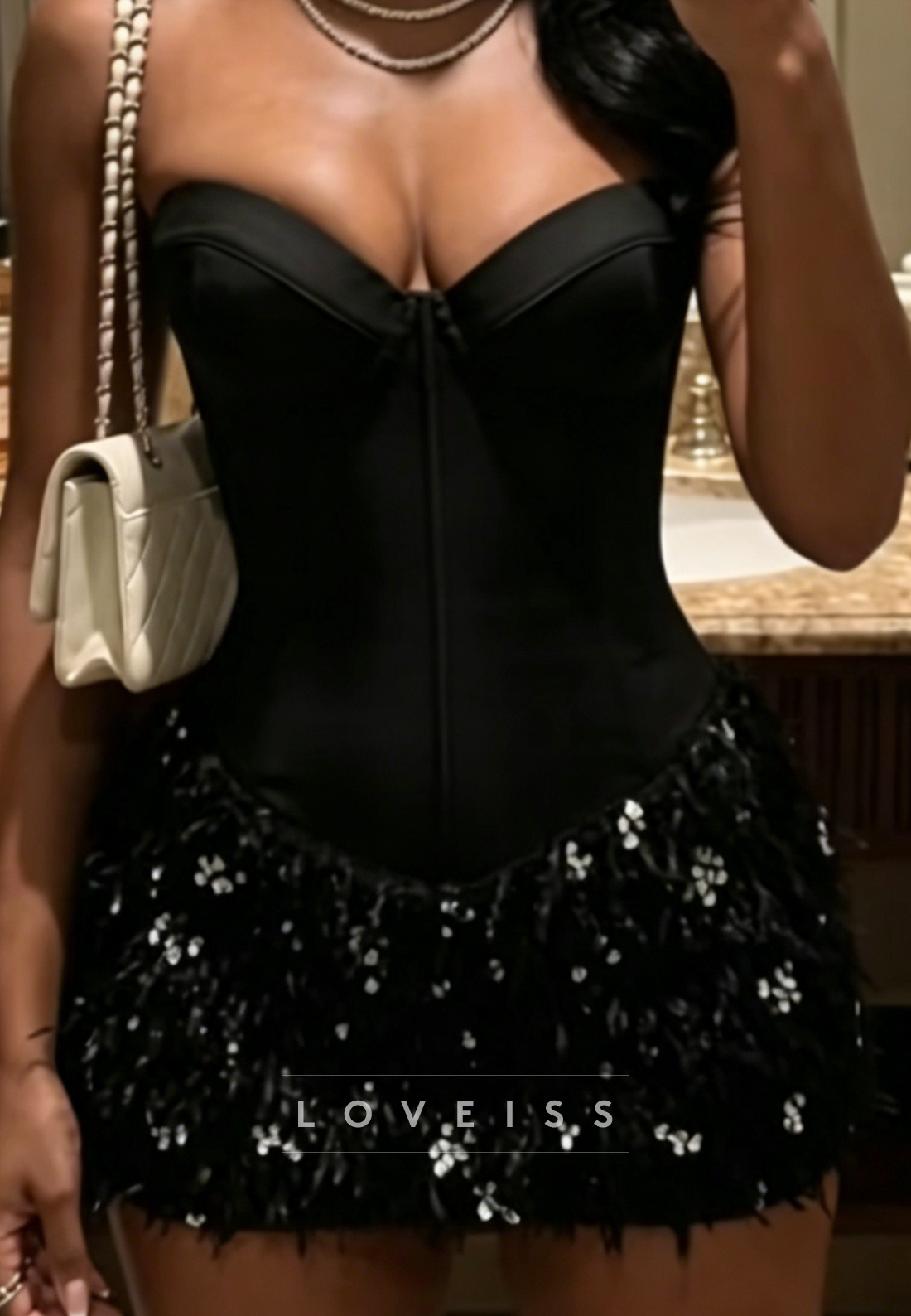 Strapless Corset Feather and Sequin Mini Dress
