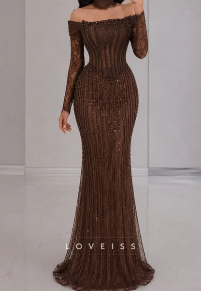 Beaded Off-the-Shoulder Corset Mermaid Gown