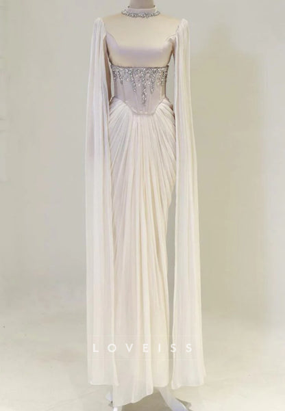 Beaded Corset Cape Sleeve Evening Gown