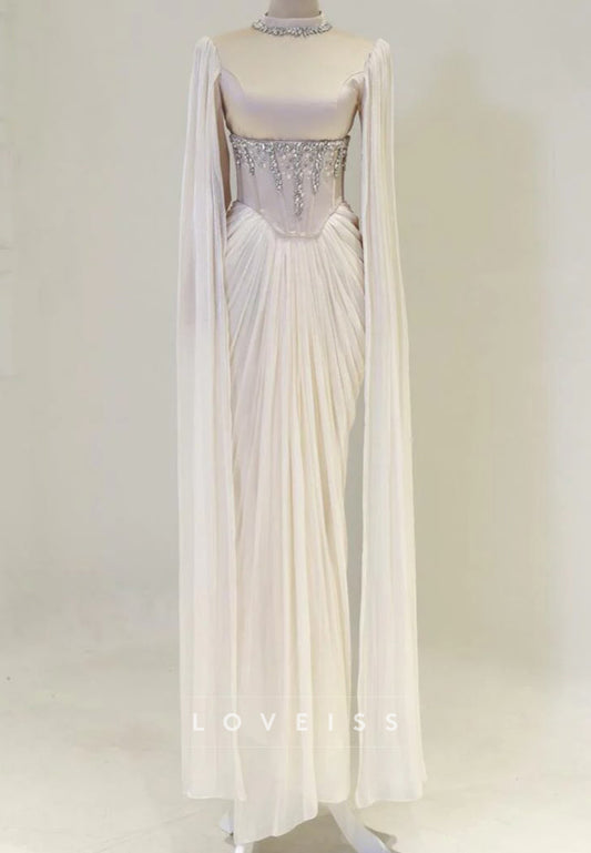 Beaded Corset Cape Sleeve Evening Gown