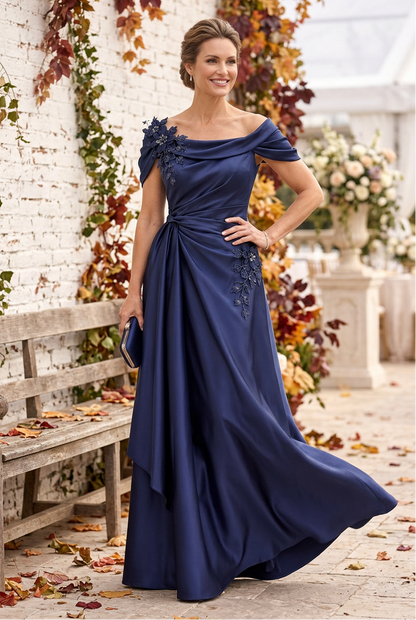 Draped Off-the-Shoulder Floral Appliqué Gown