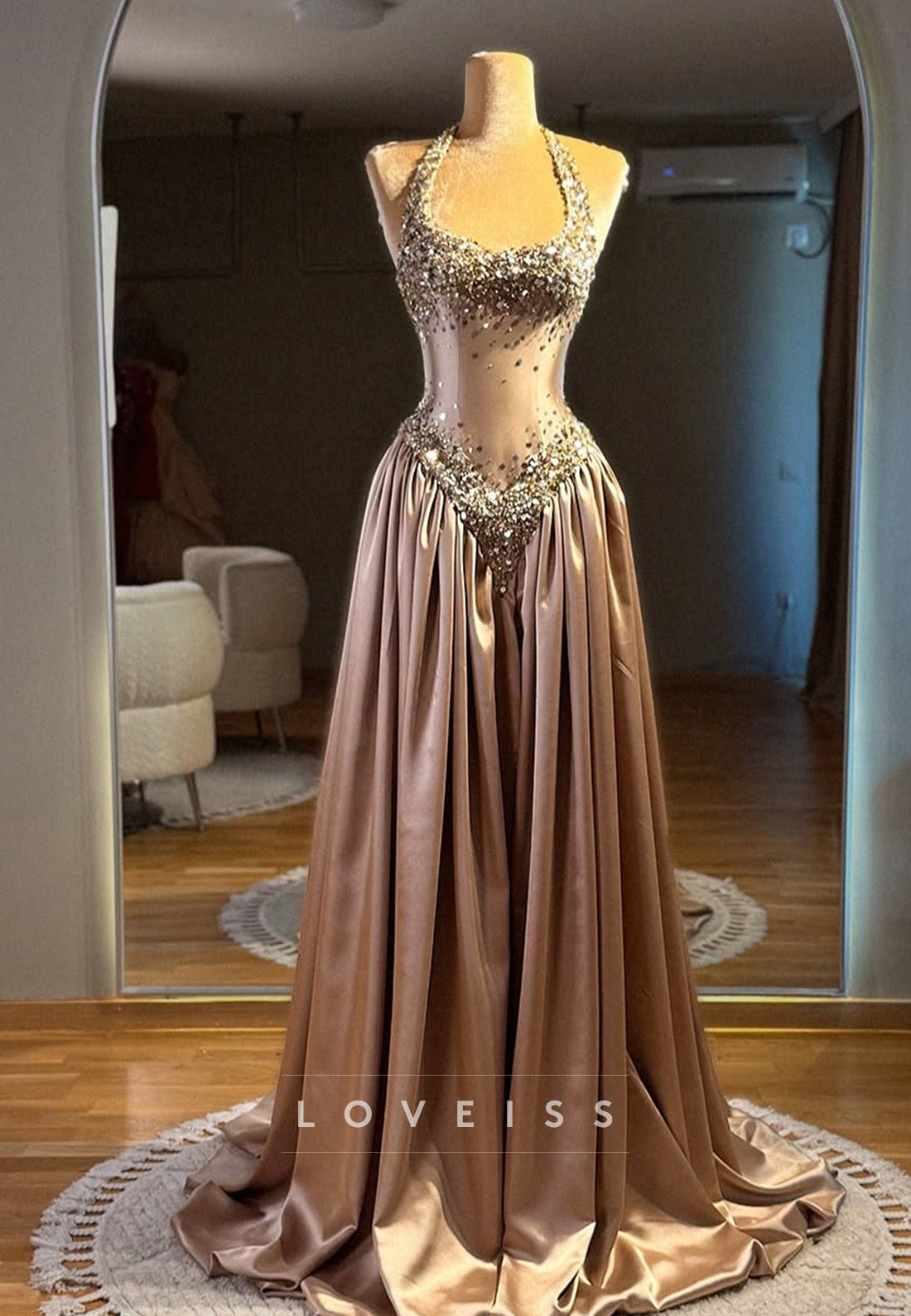 Embellished Halter Satin A-Line Evening Gown