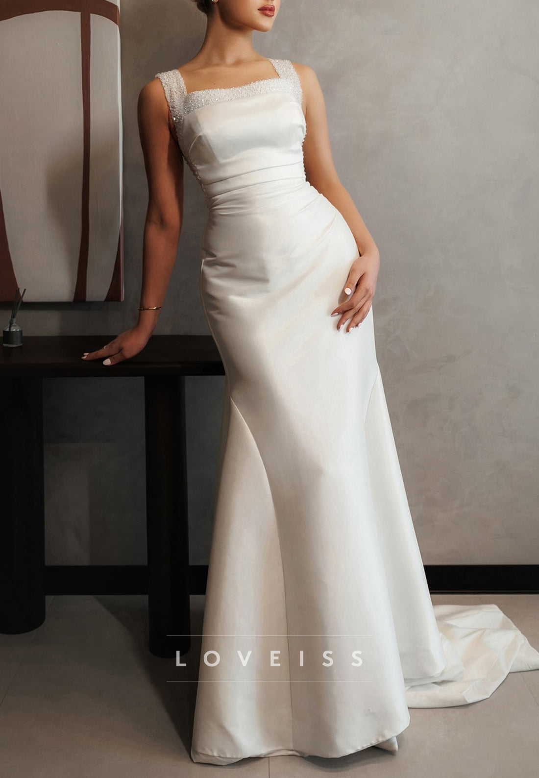 Square Neck Beaded Satin Gown with Overskirt