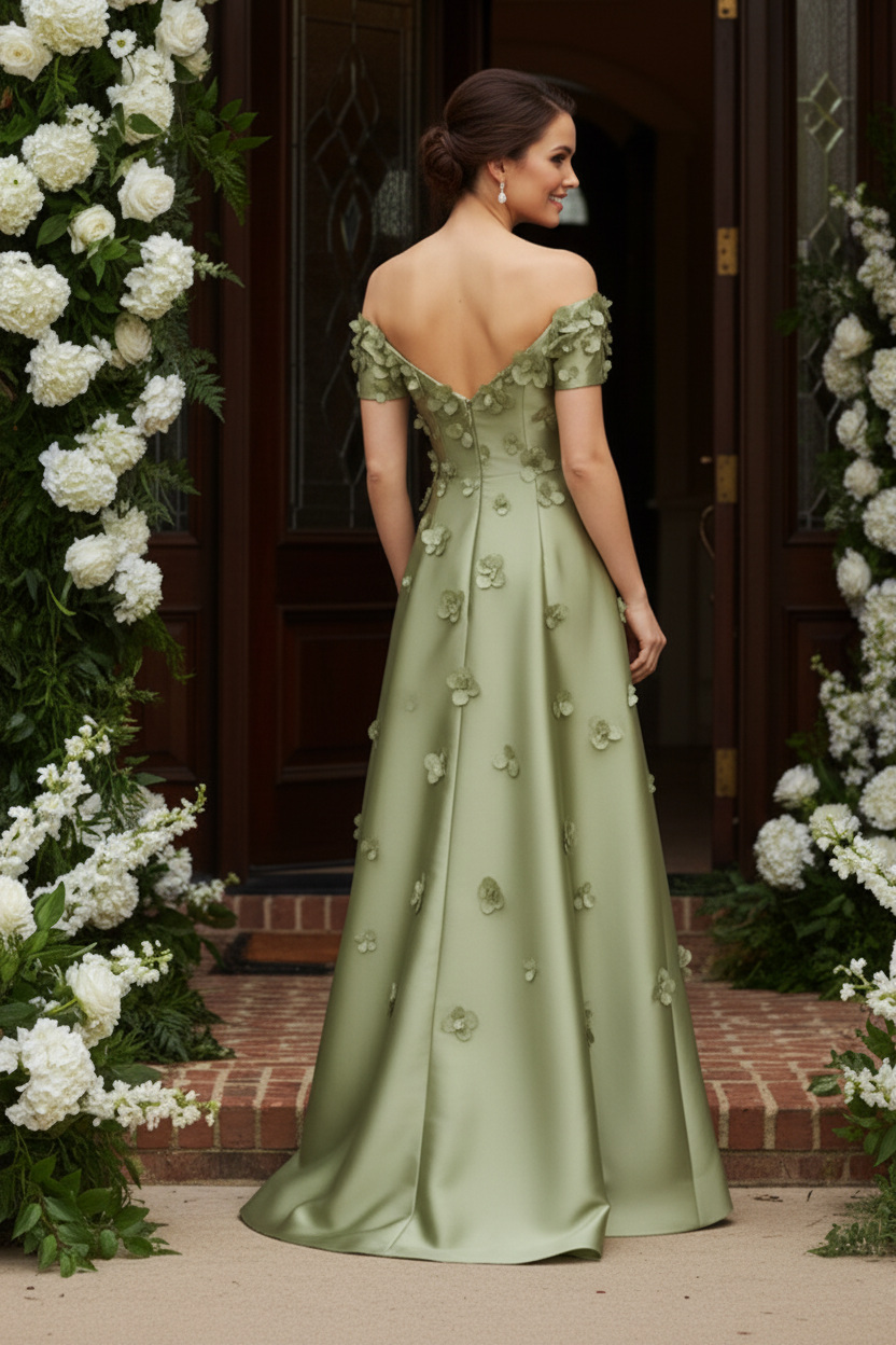 Off-the-Shoulder 3D Floral A-Line Gown