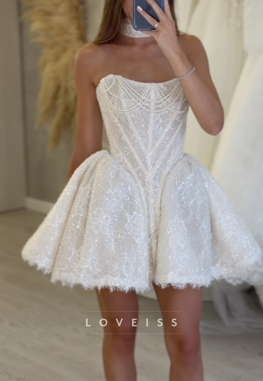 Strapless Corset Lace Mini Dress with Pearls