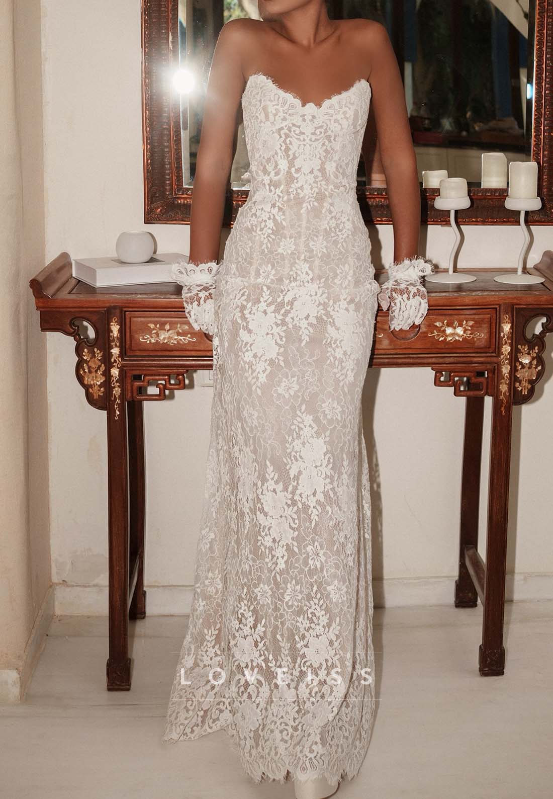 Strapless Lace Sheath Wedding Dress with Lace-Up Back
