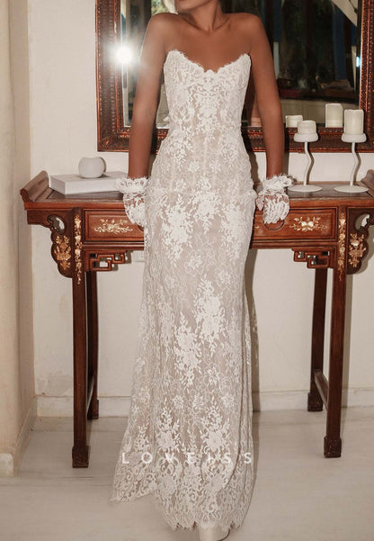 Strapless Lace Sheath Wedding Dress with Lace-Up Back
