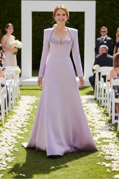 Long Sleeve Beaded Sweetheart A-Line Evening Gown