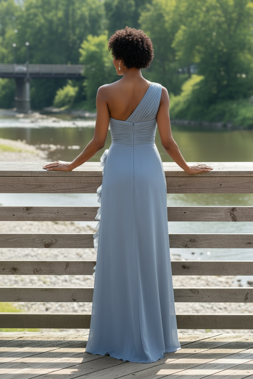 One-Shoulder Ruched Chiffon Gown with 3D Flowers