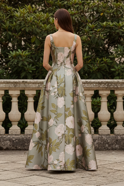 Floral Print Square Neck A-Line Evening Gown