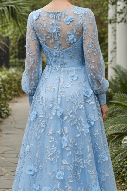 3D Floral Applique Long Sleeve A-Line Evening Gown