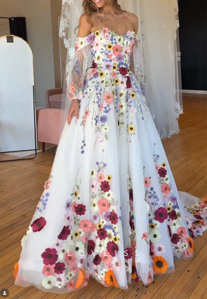 Off-The-Shoulder 3D Floral Tulle A-Line Wedding Dress