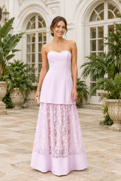 Strapless Sweetheart Lace Tier Floor-Length Gown