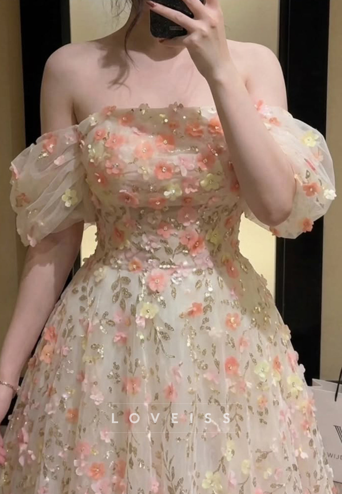3D Floral Off-the-Shoulder A-Line Gown
