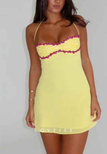 Ruched Bust Tie-Back Mini Dress with Contrast Trim
