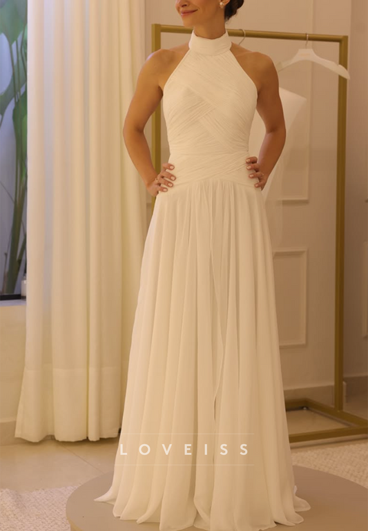 Halter Neck Ruched Chiffon A-Line Wedding Dress