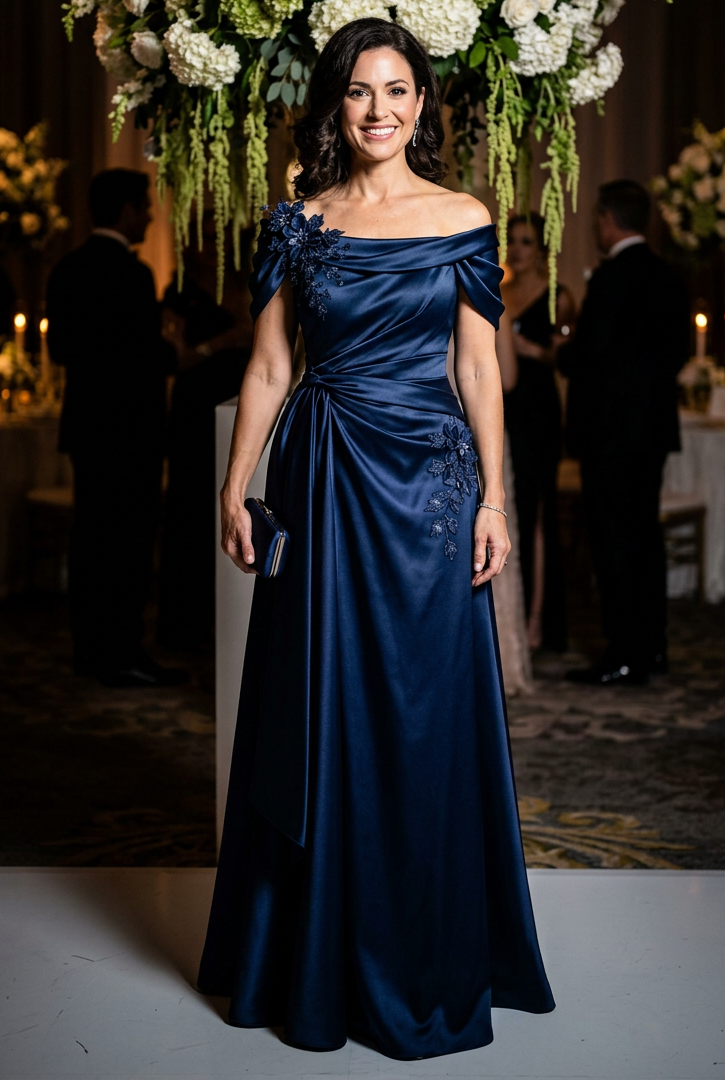 Draped Off-the-Shoulder Floral Appliqué Gown