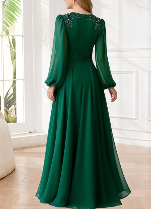Long Sleeve V-Neck Pleated Chiffon A-Line Gown