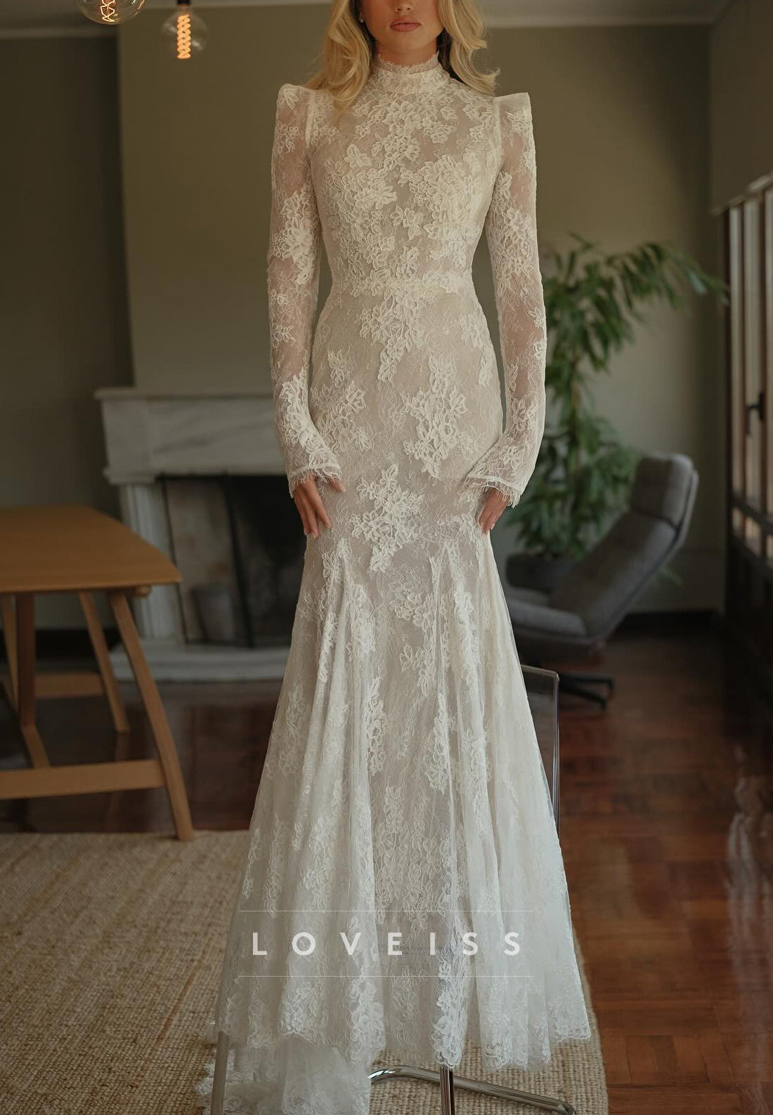 High Neck Long Sleeve Lace Mermaid Wedding Dress