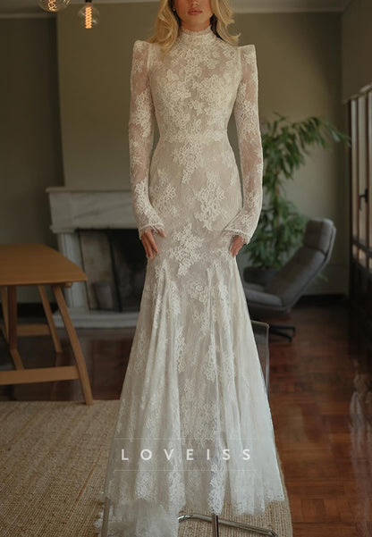 High Neck Long Sleeve Lace Mermaid Wedding Dress