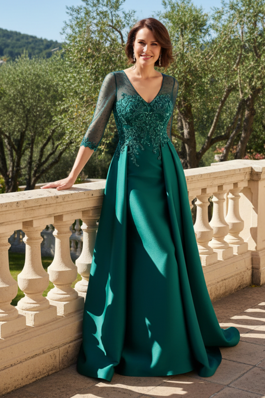 Illusion V-Neck Beaded Evening Gown with Side Draping