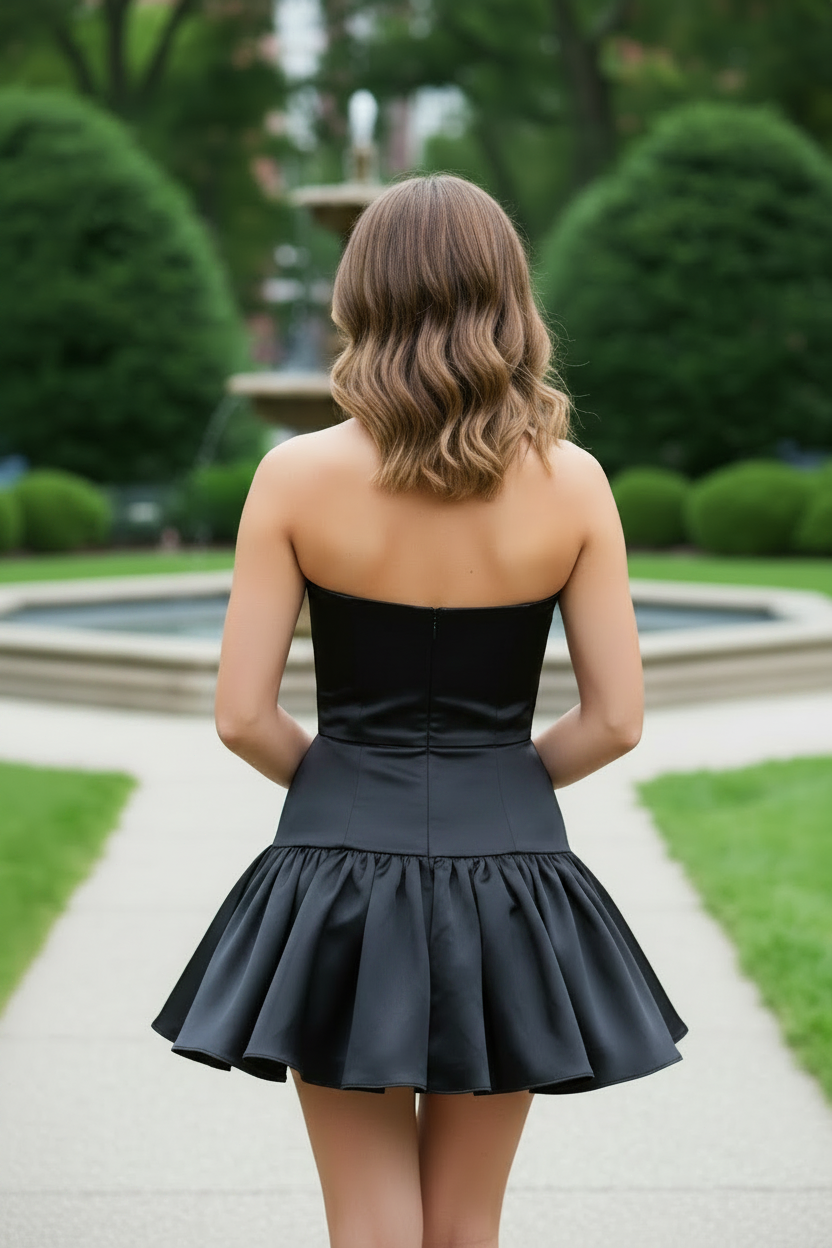 Strapless Satin Mini Dress with Bow Detail