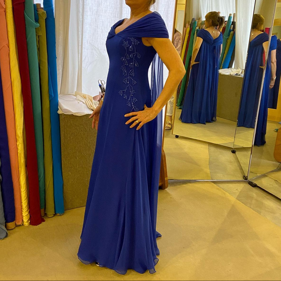 Draped Off-the-Shoulder Gown with Beading