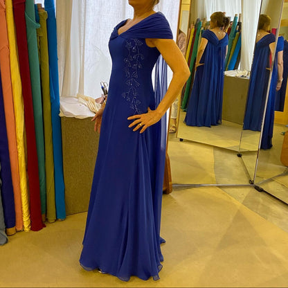 Draped Off-the-Shoulder Gown with Beading