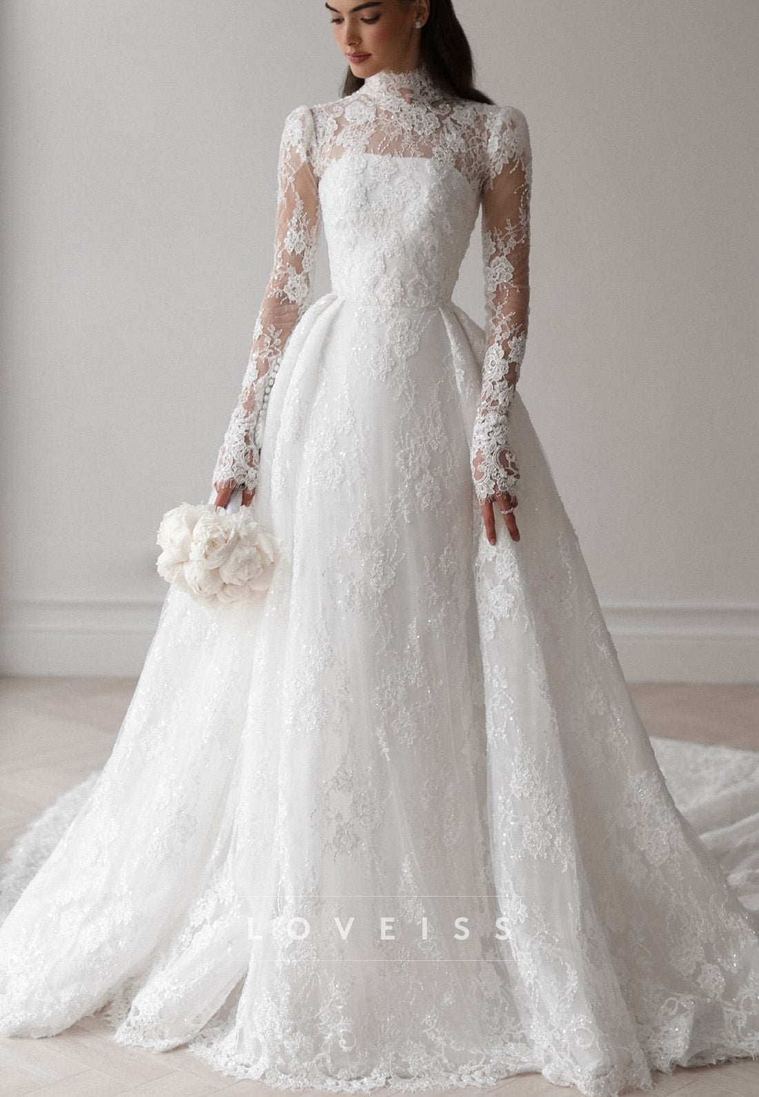 High Neck Lace Ball Gown Wedding Dress