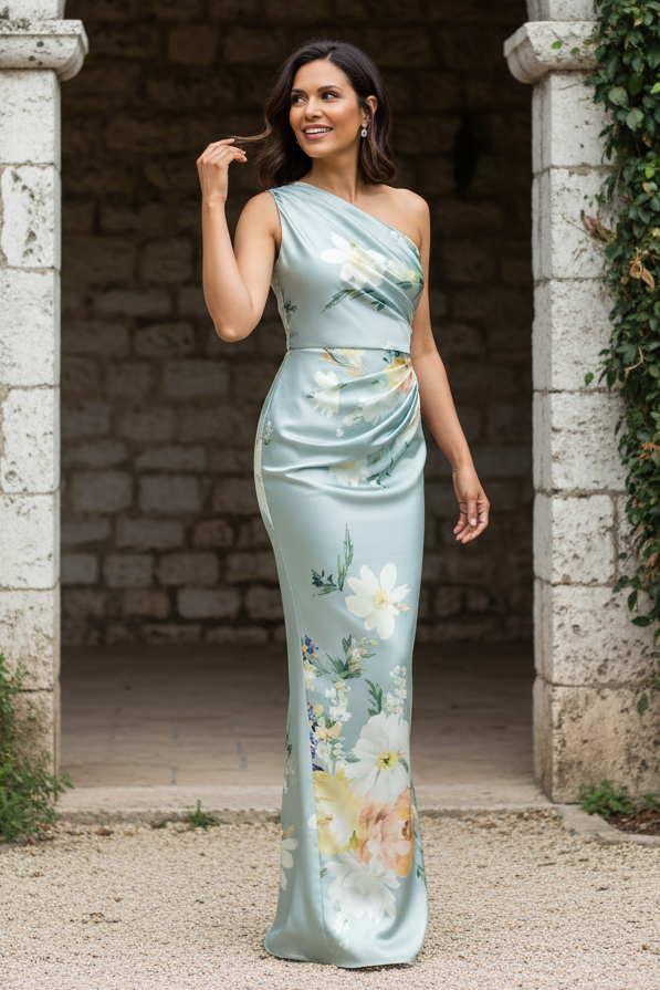 Ruched One-Shoulder Floral Satin Evening Gown