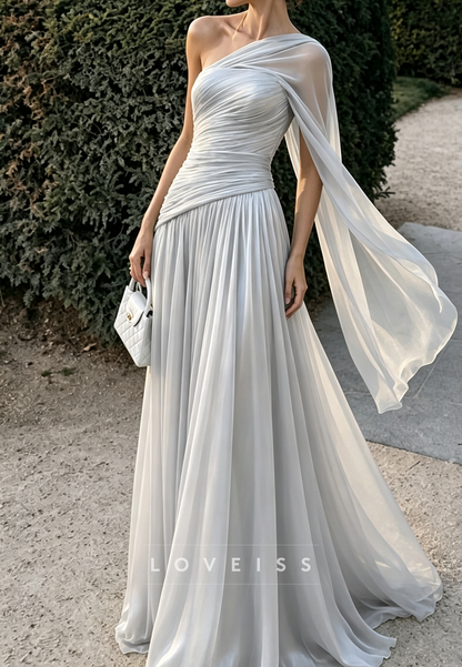One Shoulder Chiffon A-Line Evening Gown with Cape Sleeve