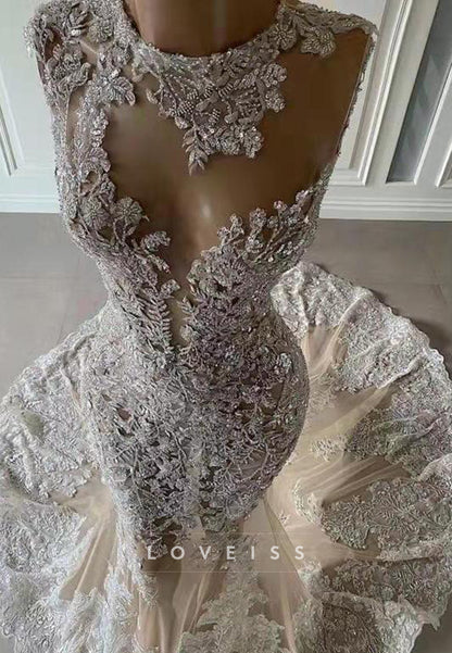 Illusion High Neck Beaded Lace Mermaid Gown