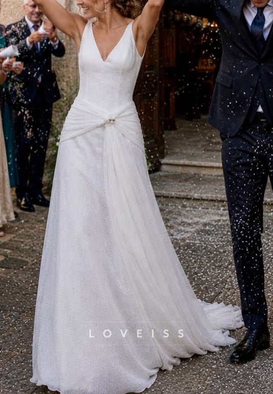 V-Neck A-Line Bridal Gown with Low V-Back and Draped Sash