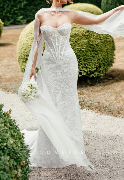 Corset Sweetheart Mermaid Wedding Dress with Cape