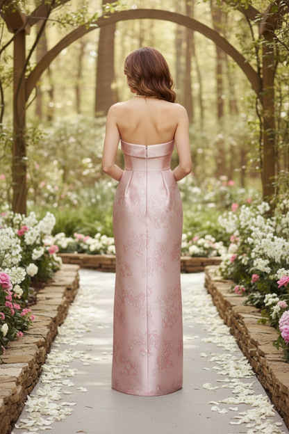 Strapless Floral Jacquard Column Gown