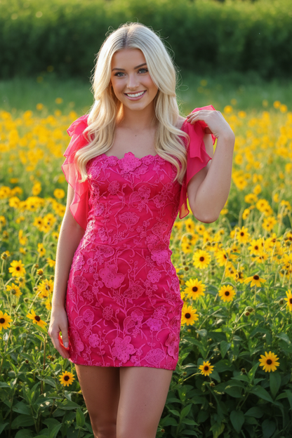 Embroidered Floral Mini Dress with Flutter Sleeves