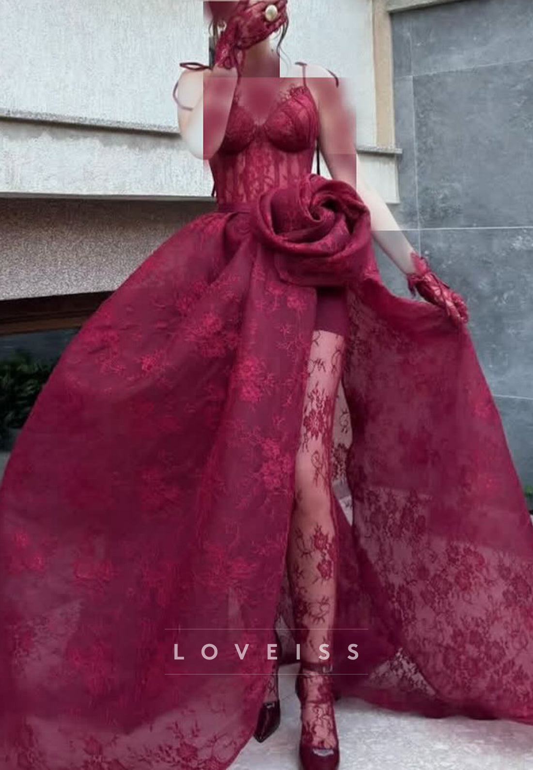 Lace Gown with Overskirt and 3D Flower