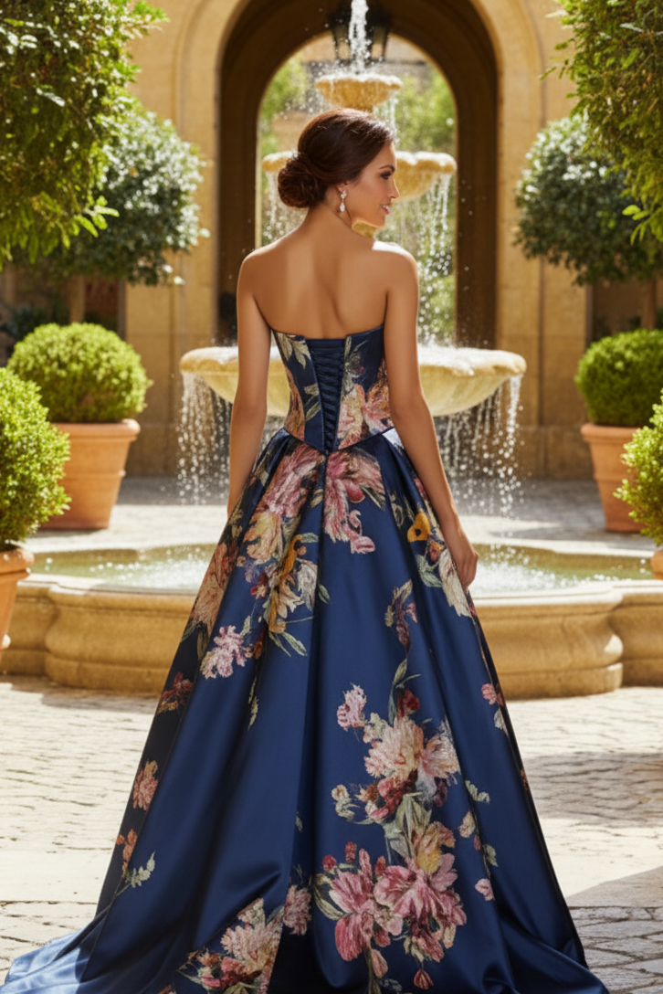 Strapless Floral Print Satin A-Line Gown