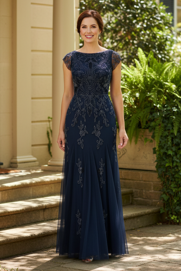 Beaded Cap Sleeve Trumpet Evening Gown