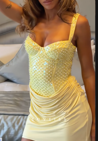 Pearl Embellished Corset Mini Dress with Side Draping