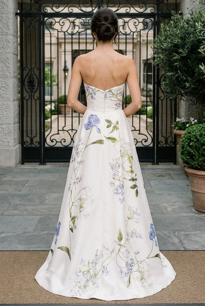 Strapless Floral Print Gown with High Slit
